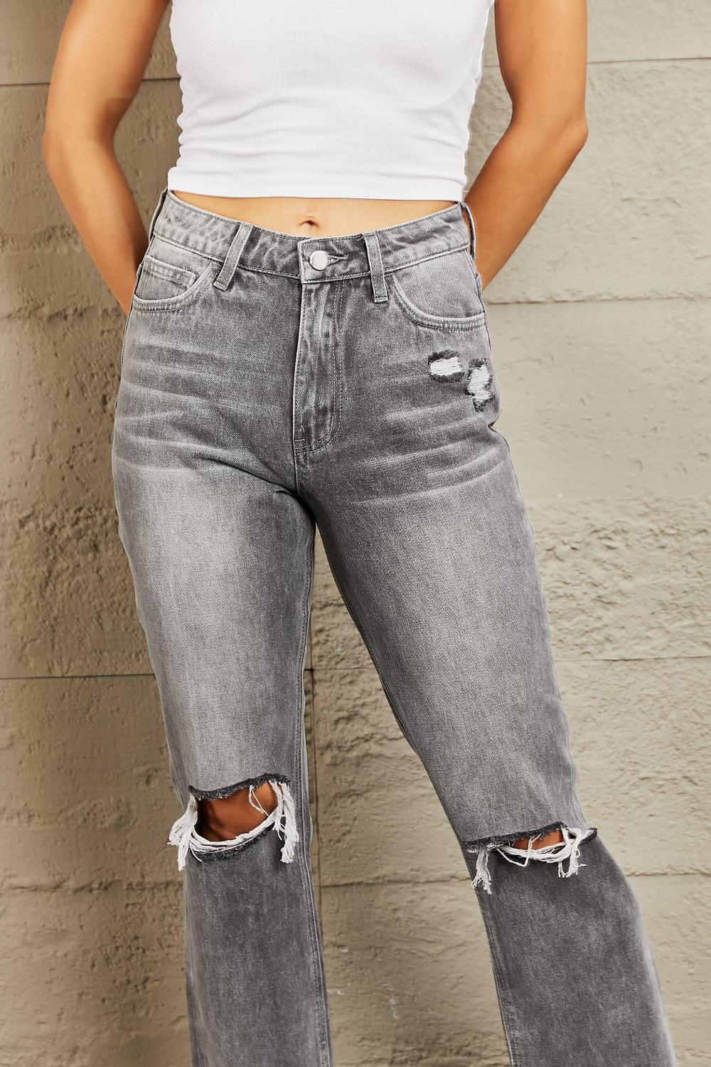 BAYEAS Stone Wash Distressed Cropped Straight Jeans - nailedmoms