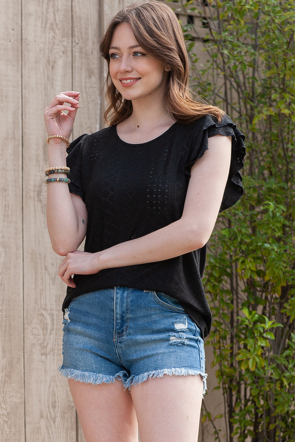 Eyelet Round Neck Flutter Sleeve Blouse - nailedmoms