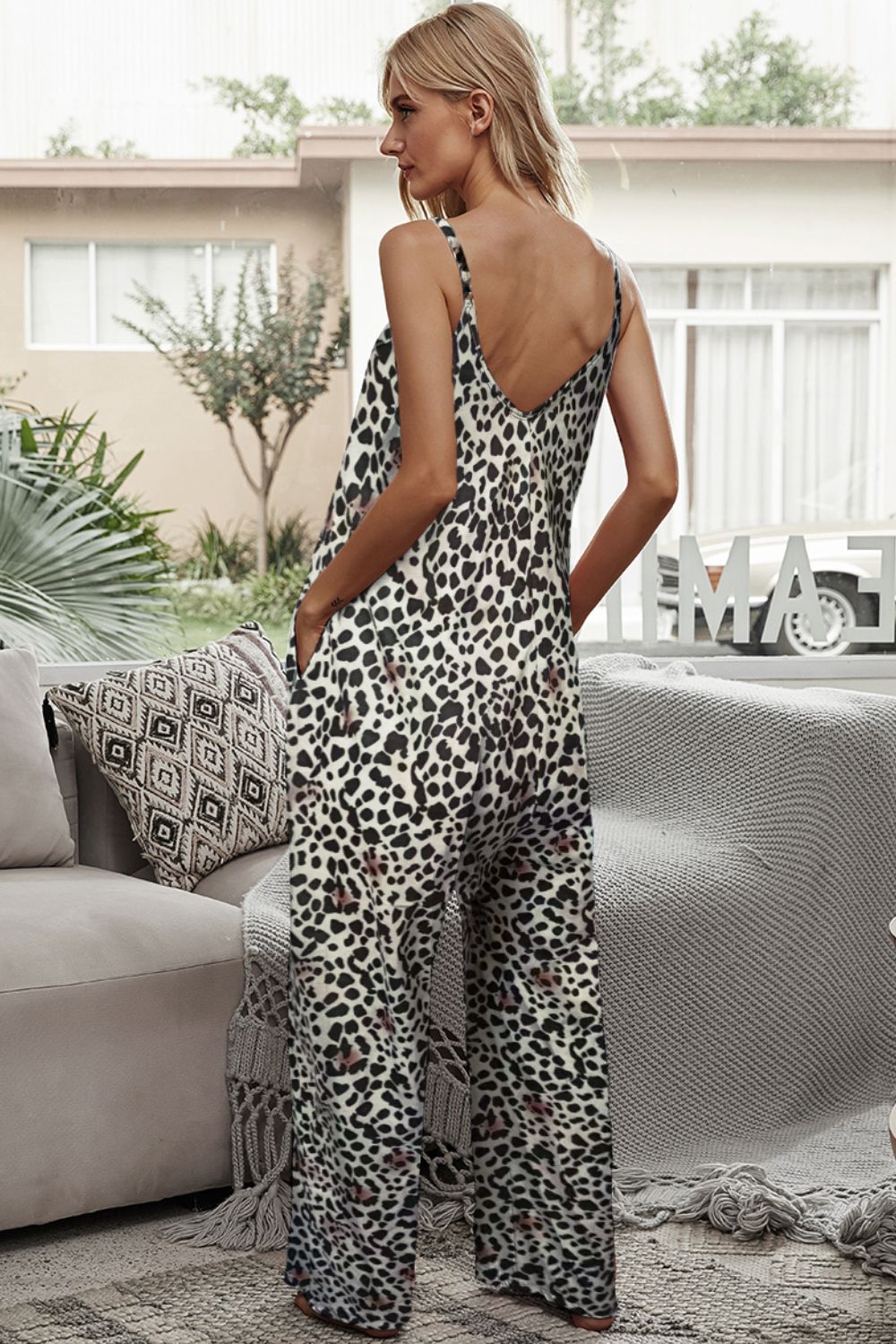 Animal Print Spaghetti Strap Jumpsuit with Pockets - nailedmoms
