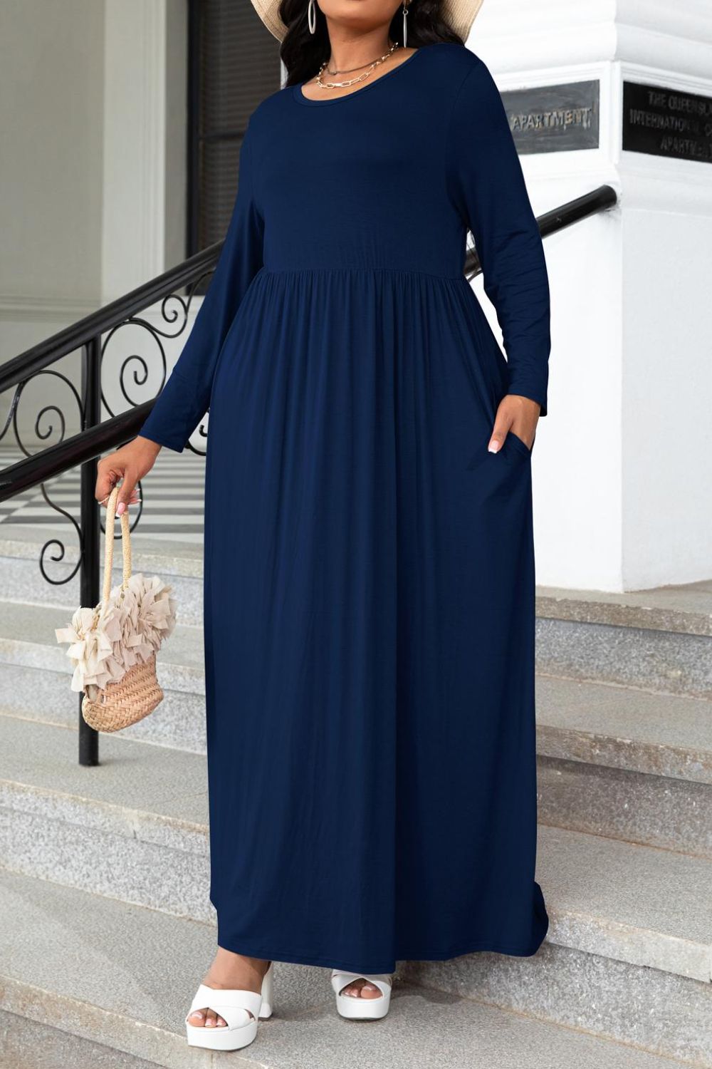 Plus Size Round Neck Long Sleeve Maxi Dress with Pockets - nailedmoms