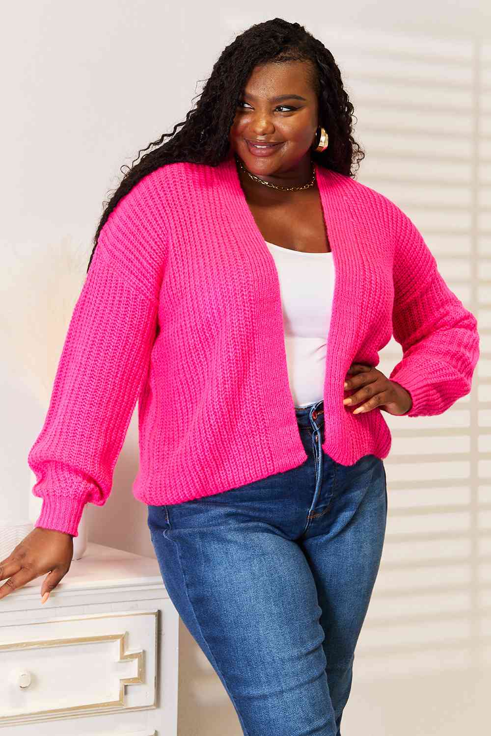Woven Right Rib-Knit Open Front Drop Shoulder Cardigan - nailedmoms
