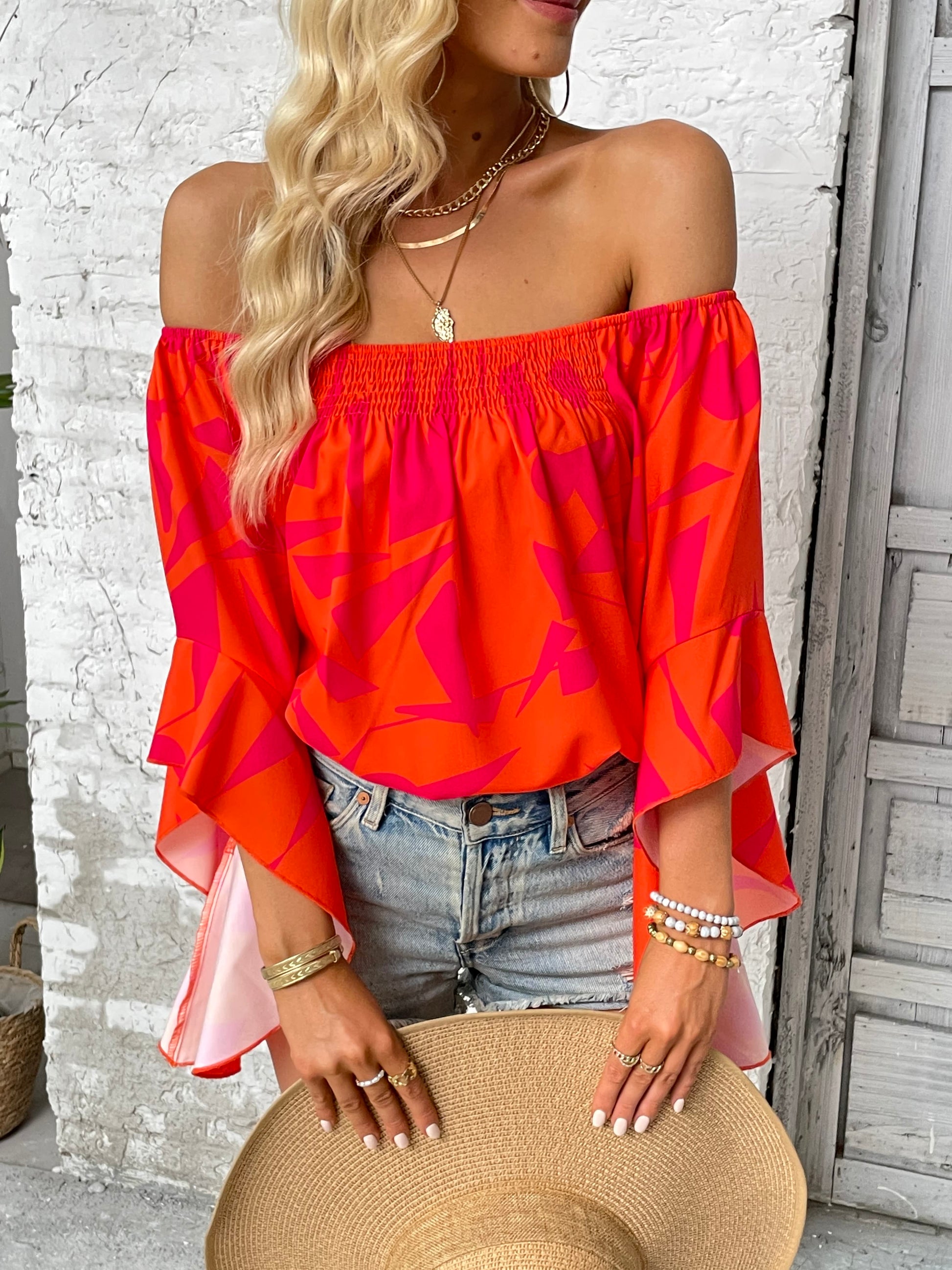Printed Off-Shoulder Bell Sleeve Blouse - nailedmoms