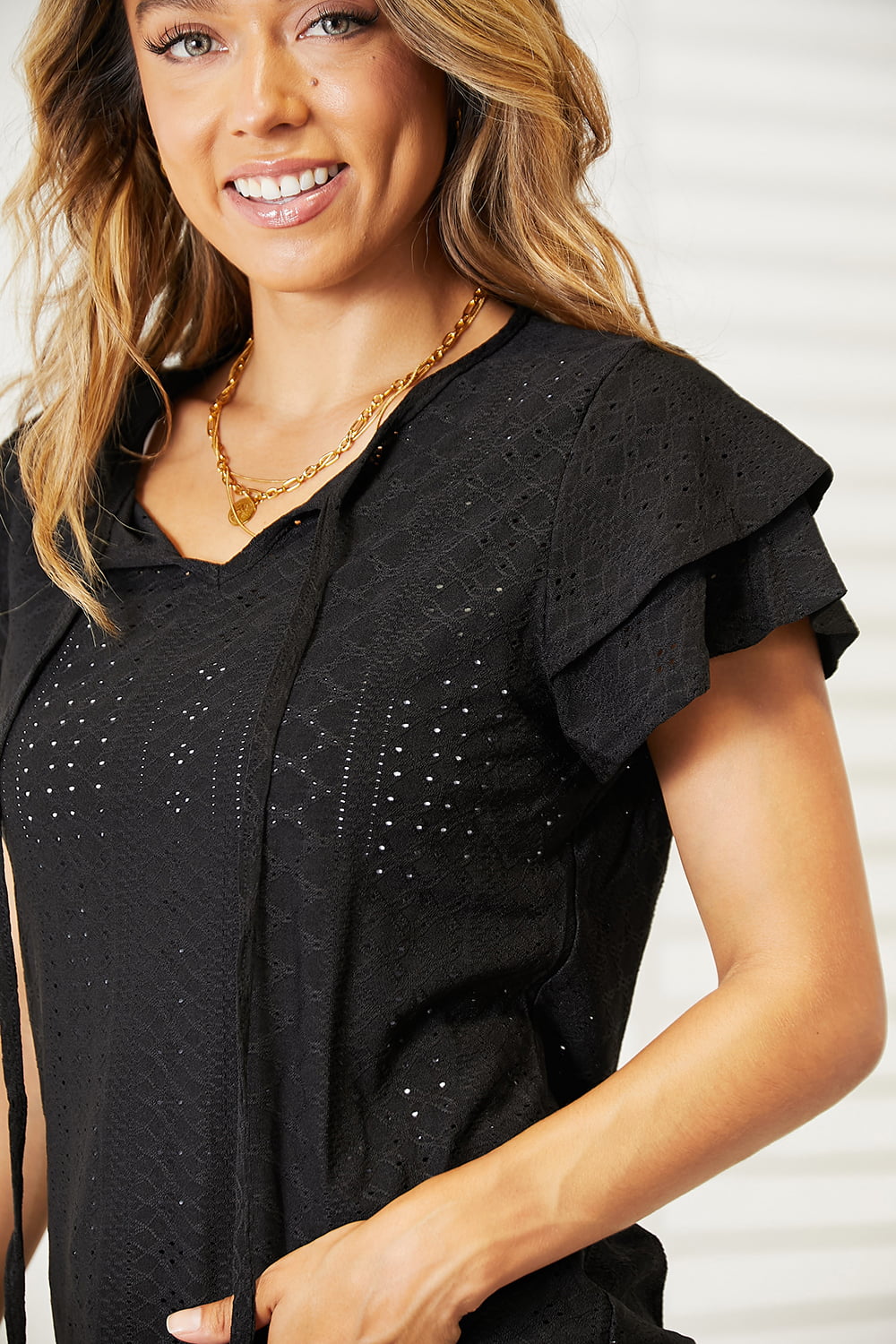 Double Take Eyelet Tie-Neck Flutter Sleeve Blouse - nailedmoms