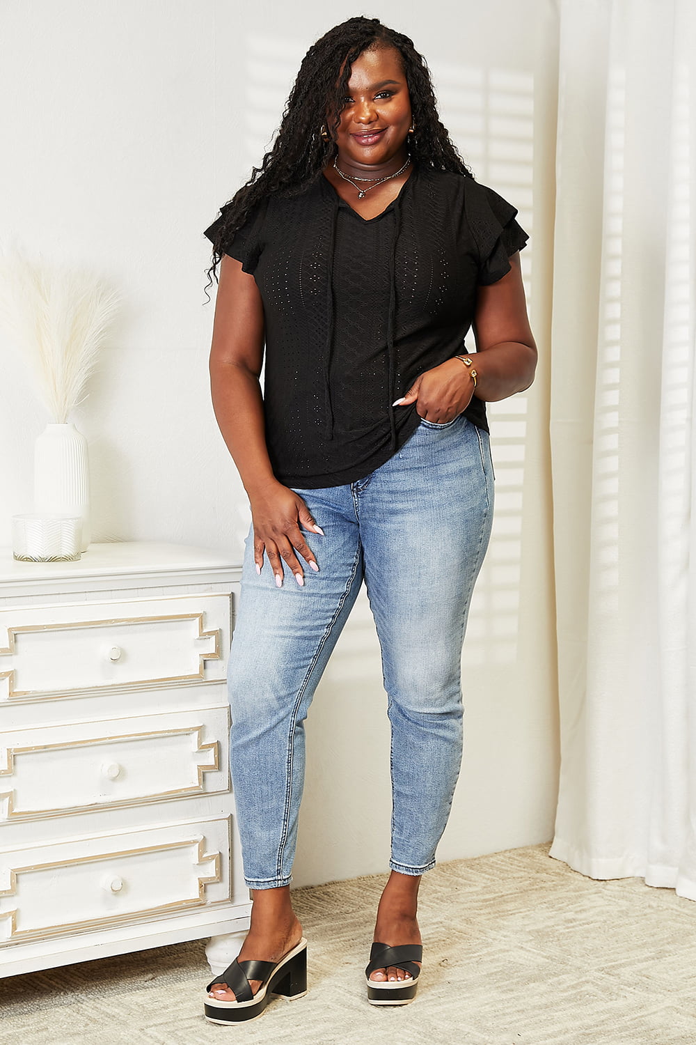 Double Take Eyelet Tie-Neck Flutter Sleeve Blouse - nailedmoms