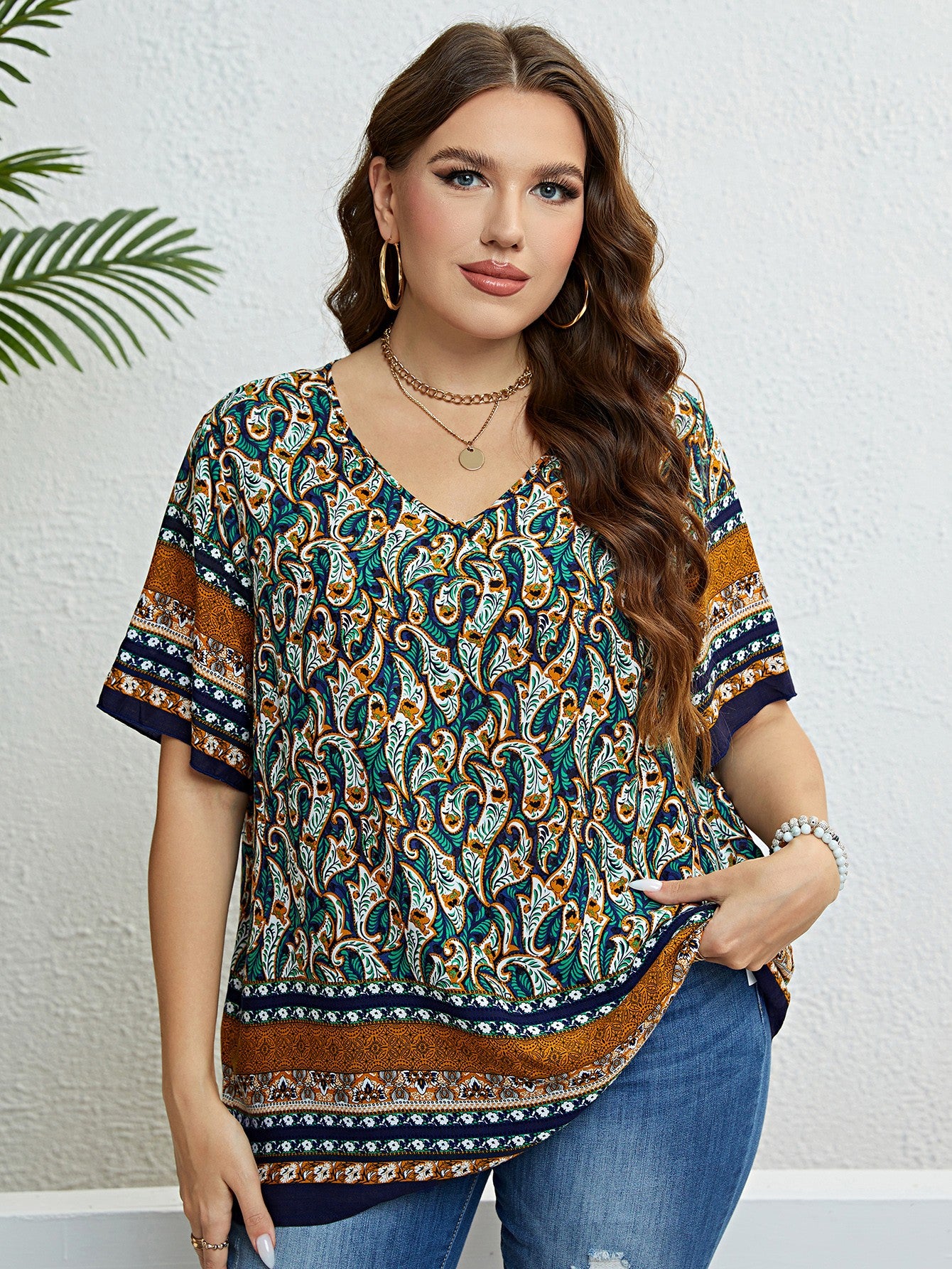 Plus Size Bohemian Printed V-Neck Blouse - nailedmoms