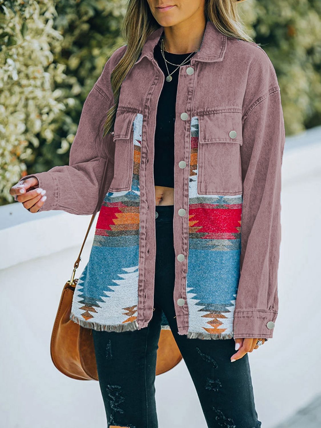 Dropped Shoulder Long Sleeve Printed Denim Jacket - nailedmoms