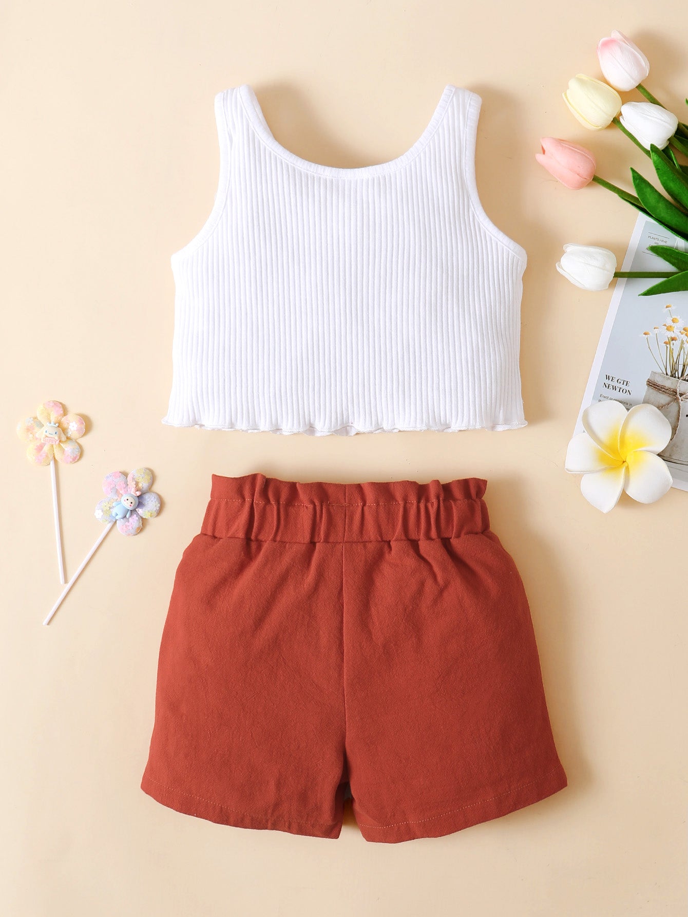 Girls Ribbed Notched Tank and Bow Detail Shorts Set - nailedmoms