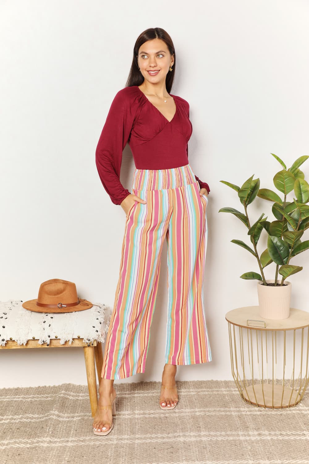 Double Take Striped Smocked Waist Pants with Pockets - nailedmoms