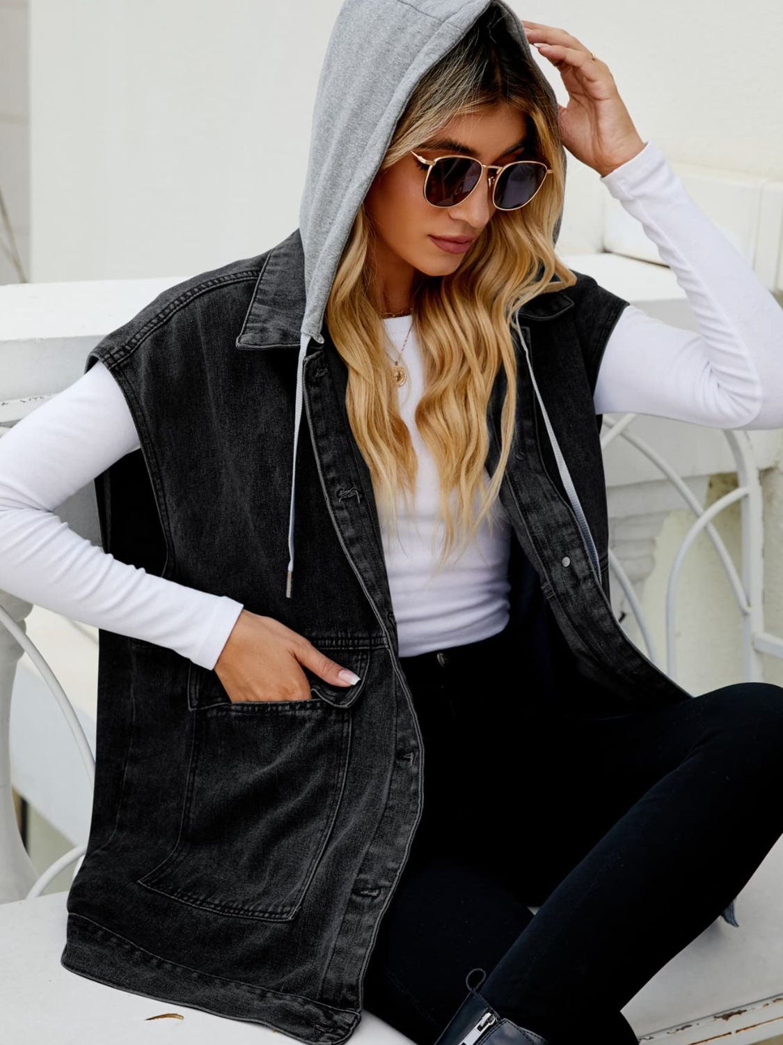 Hooded Sleeveless Denim Top with Pockets - nailedmoms