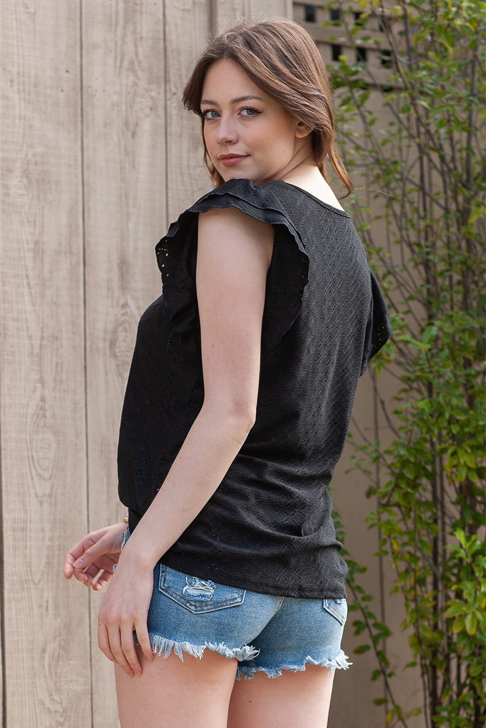 Eyelet Round Neck Flutter Sleeve Blouse - nailedmoms