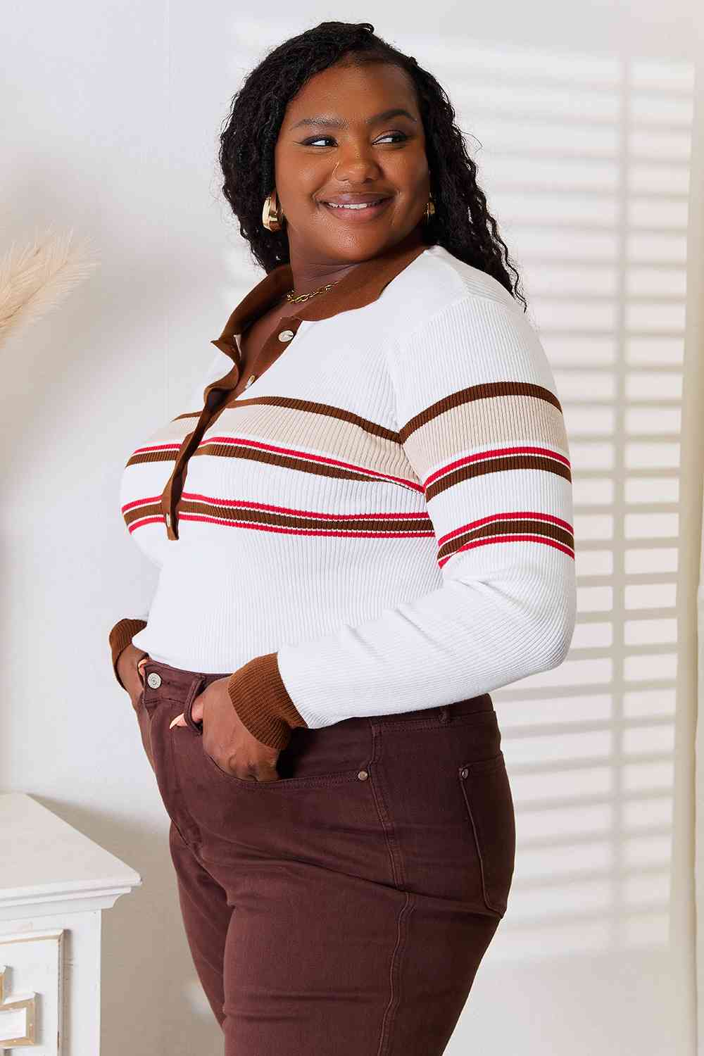 Basic Bae Striped Collared Neck Rib-Knit Top - nailedmoms