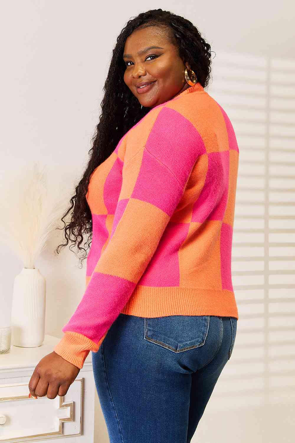 Woven Right Checkered V-Neck Dropped Shoulder Cardigan - nailedmoms