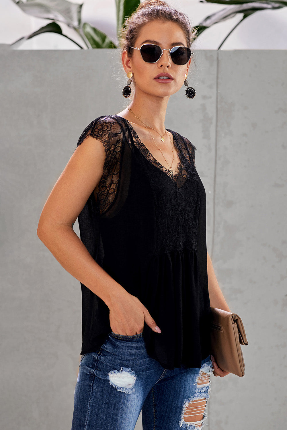 Eyelash Trim Spliced Lace V-Neck Tank - nailedmoms
