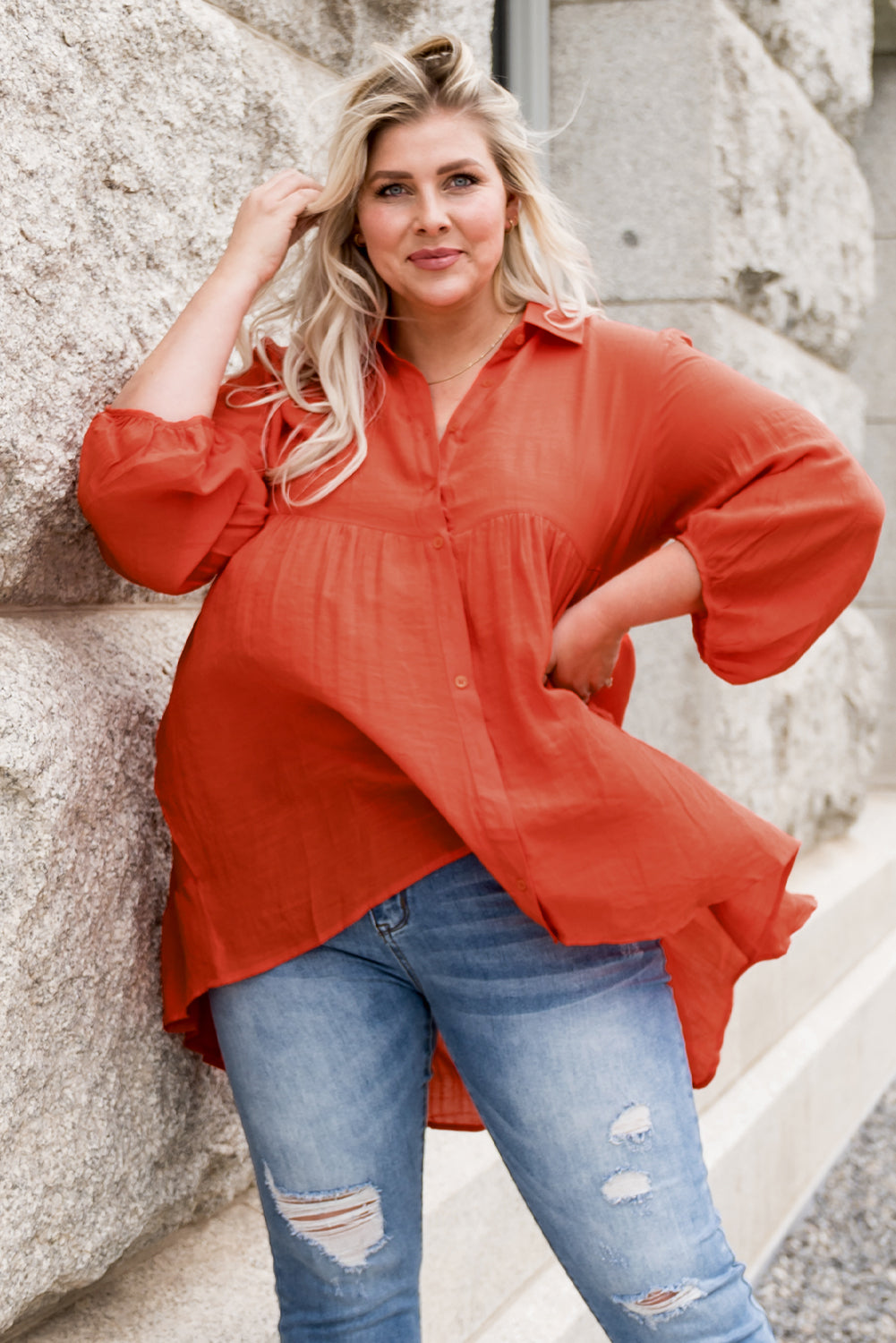 Plus Size Collared Balloon Sleeve Shirt - nailedmoms
