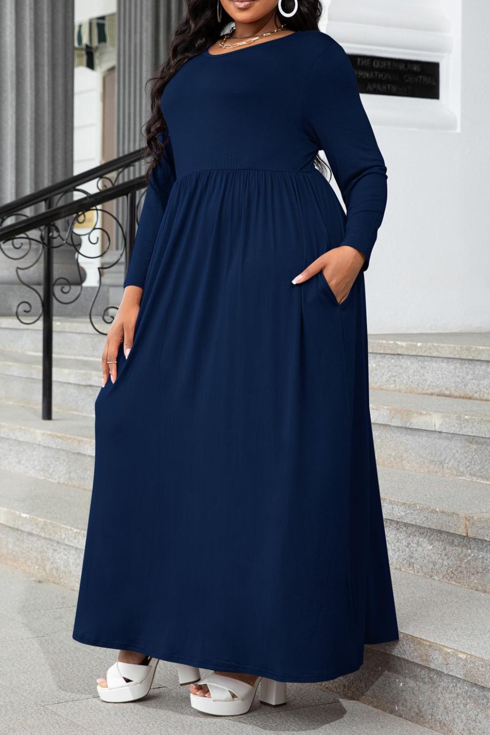 Plus Size Round Neck Long Sleeve Maxi Dress with Pockets - nailedmoms