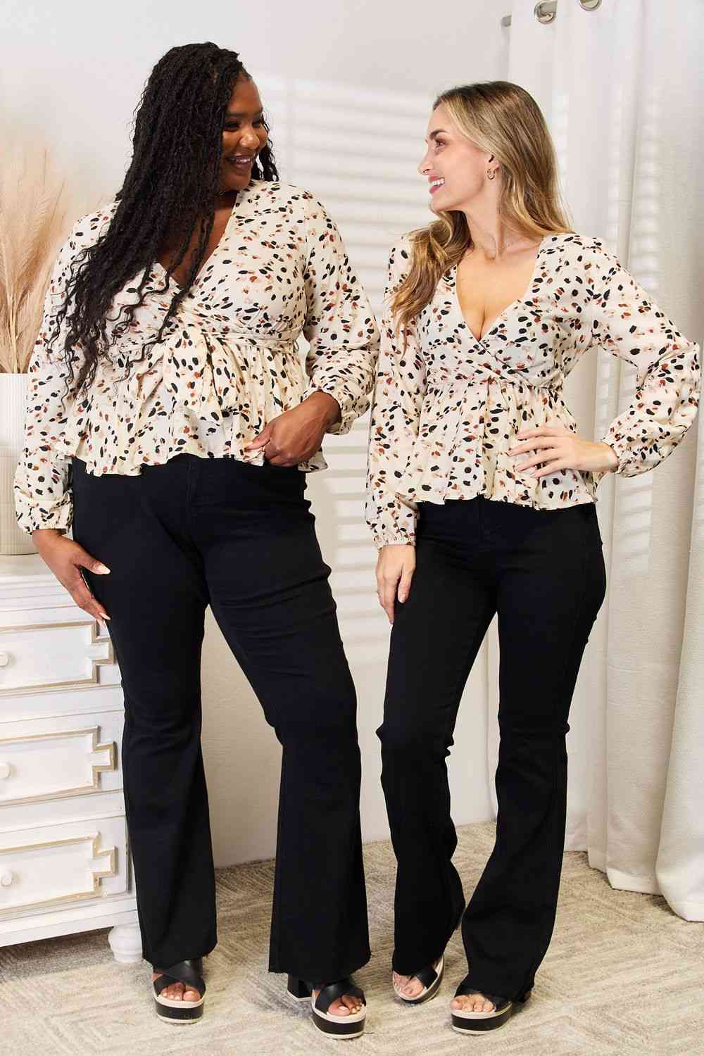 Double Take Printed Tied Plunge Peplum Blouse - nailedmoms