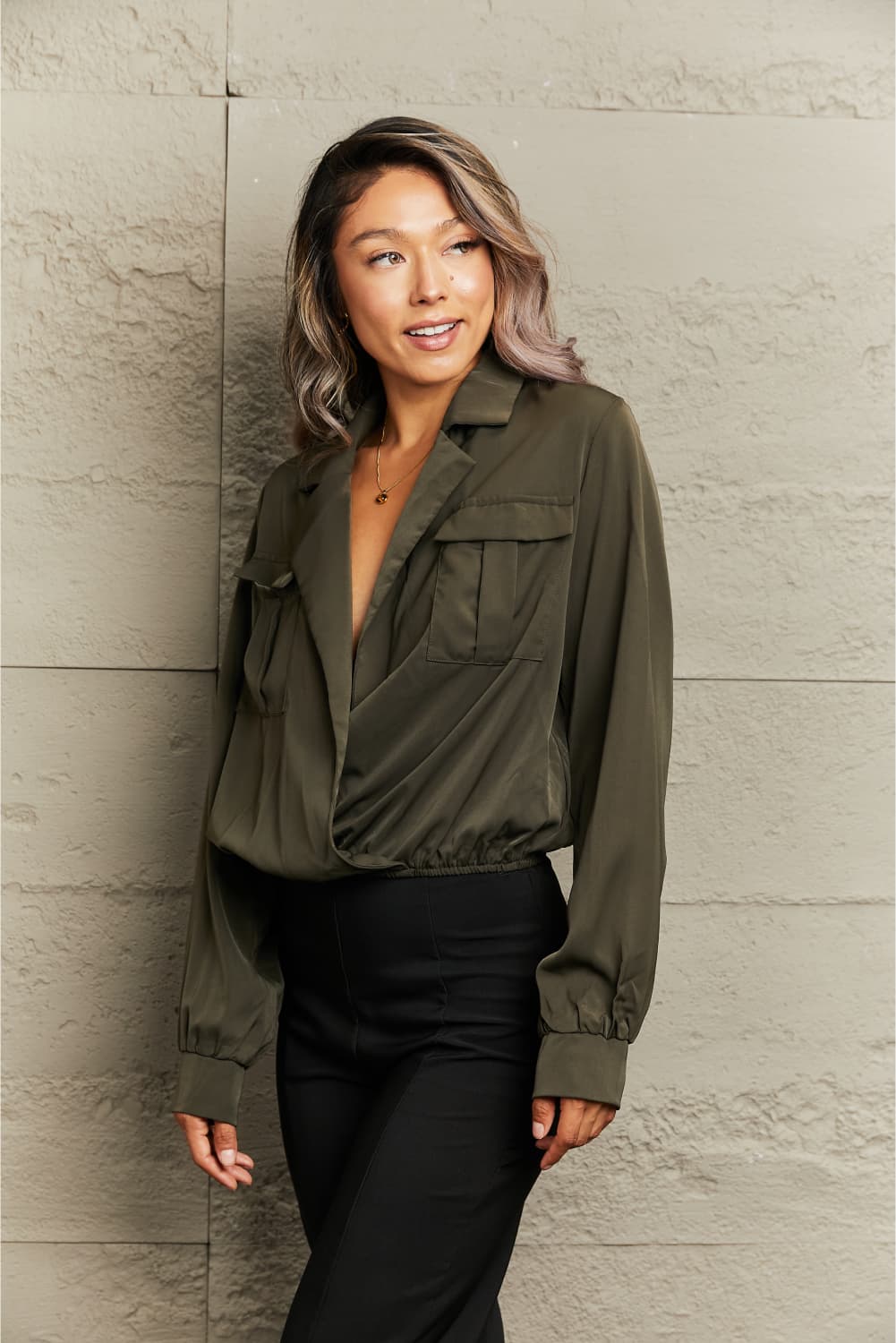 Lapel Collar Long Sleeve Blouse - nailedmoms