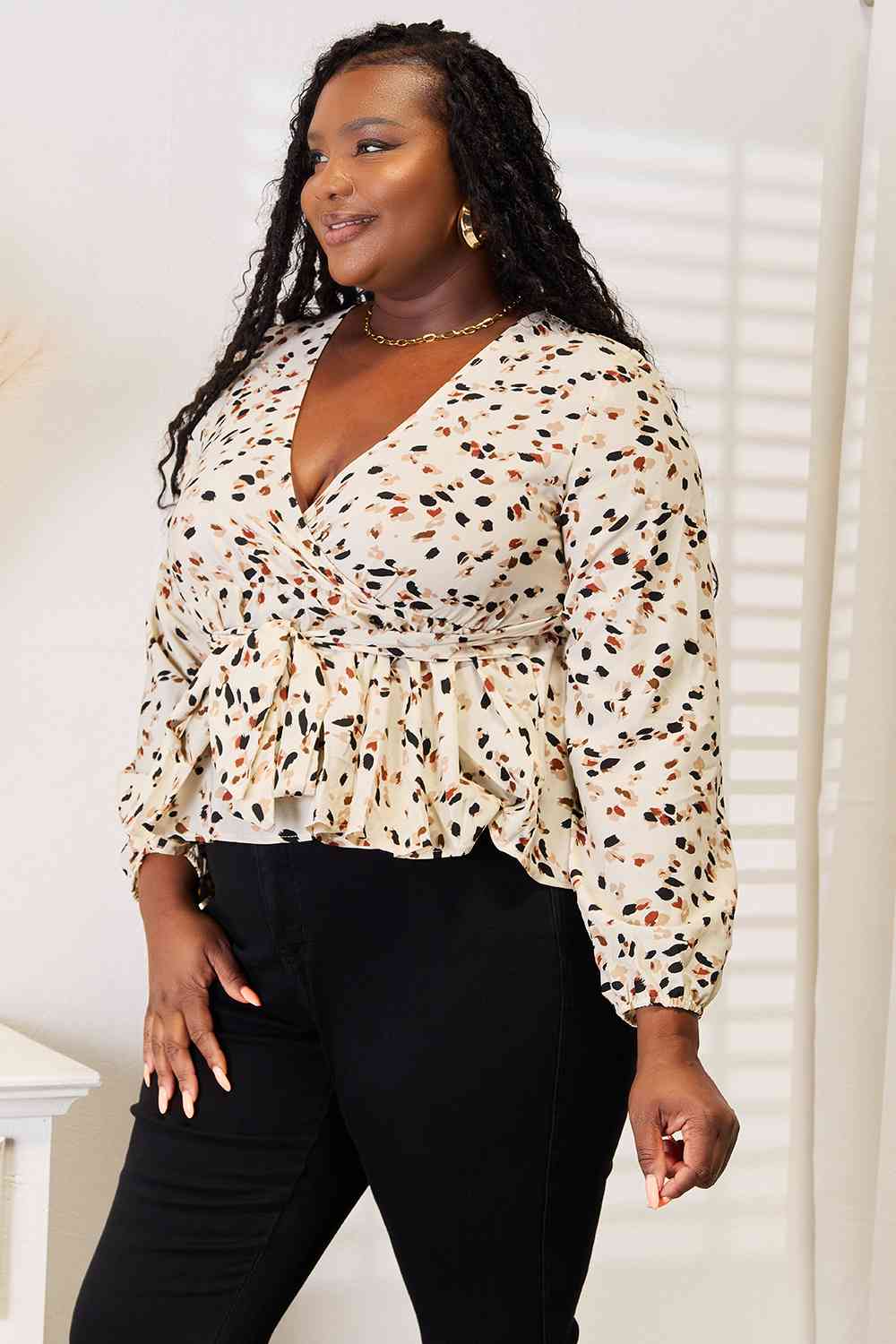 Double Take Printed Tied Plunge Peplum Blouse - nailedmoms