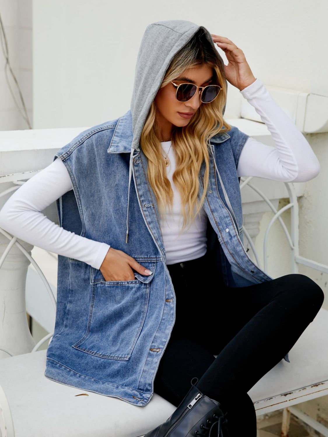 Hooded Sleeveless Denim Top with Pockets - nailedmoms