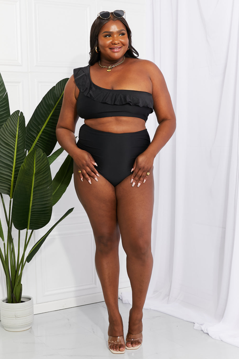 Marina West Swim Seaside Romance Ruffle One-Shoulder Bikini in Black - nailedmoms