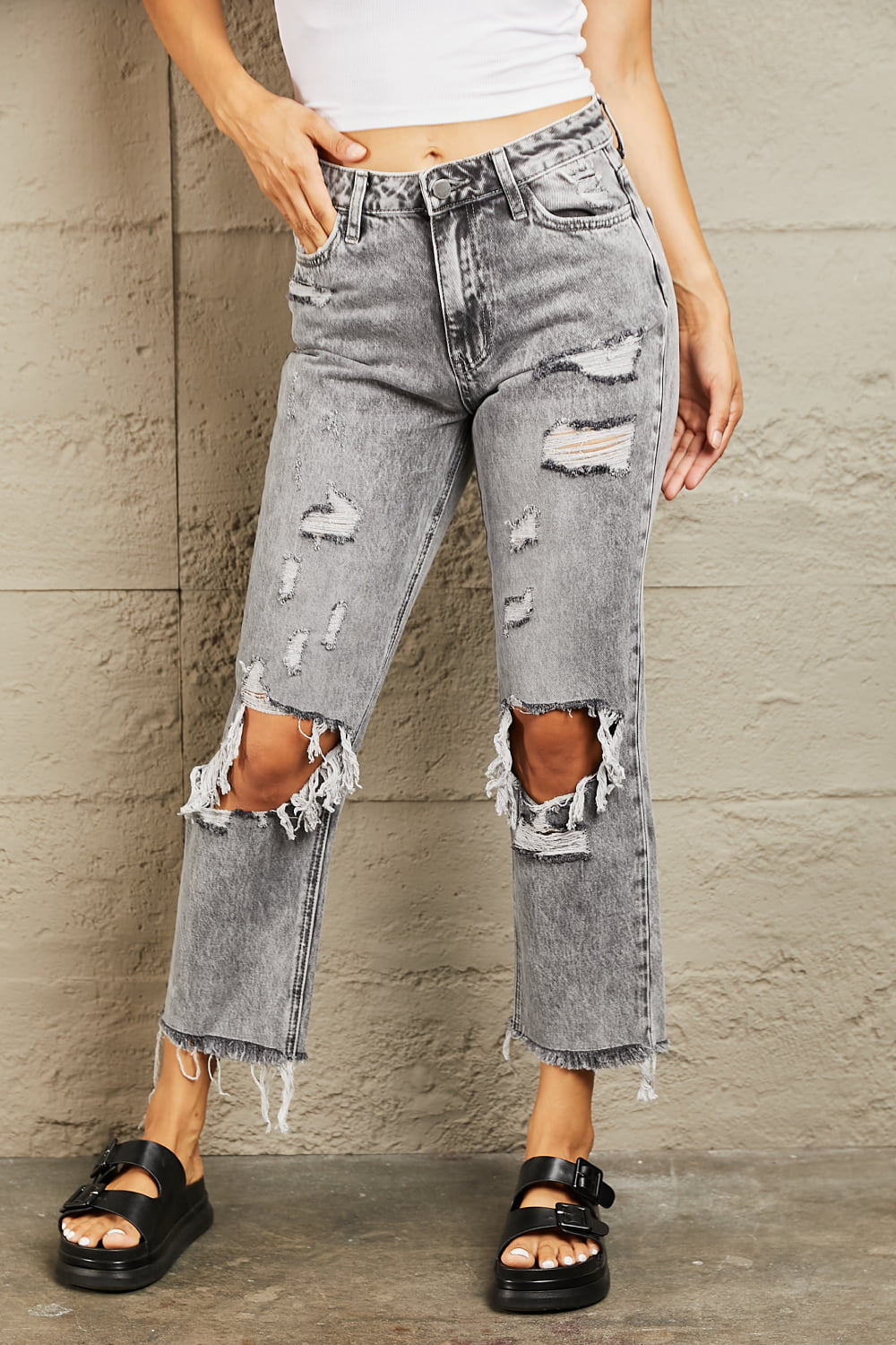 BAYEAS Acid Wash Distressed Straight Jeans - nailedmoms
