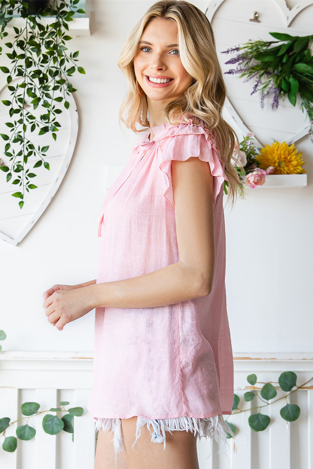 Tie-Neck Flutter Sleeve Blouse - nailedmoms