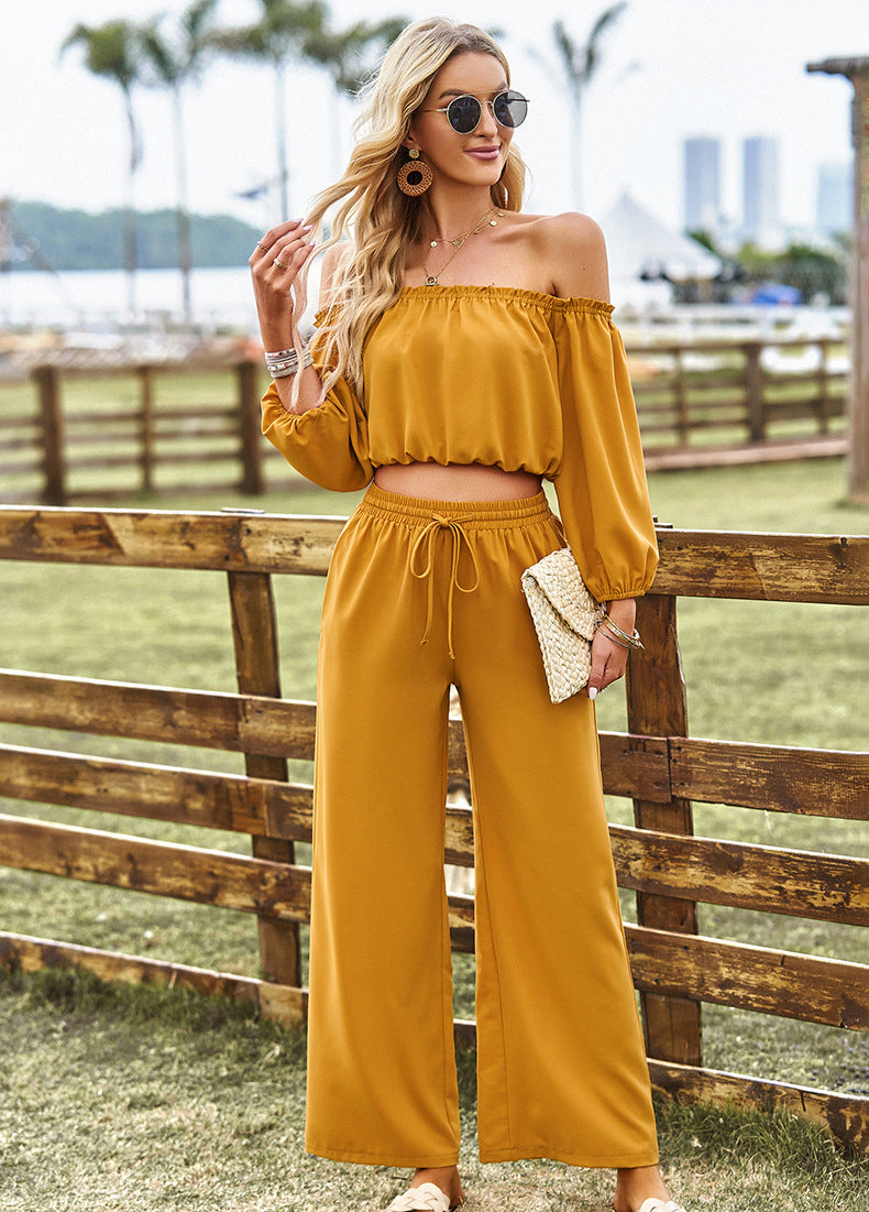 Off-Shoulder Blouse and Drawstring Waist Pants Set - nailedmoms