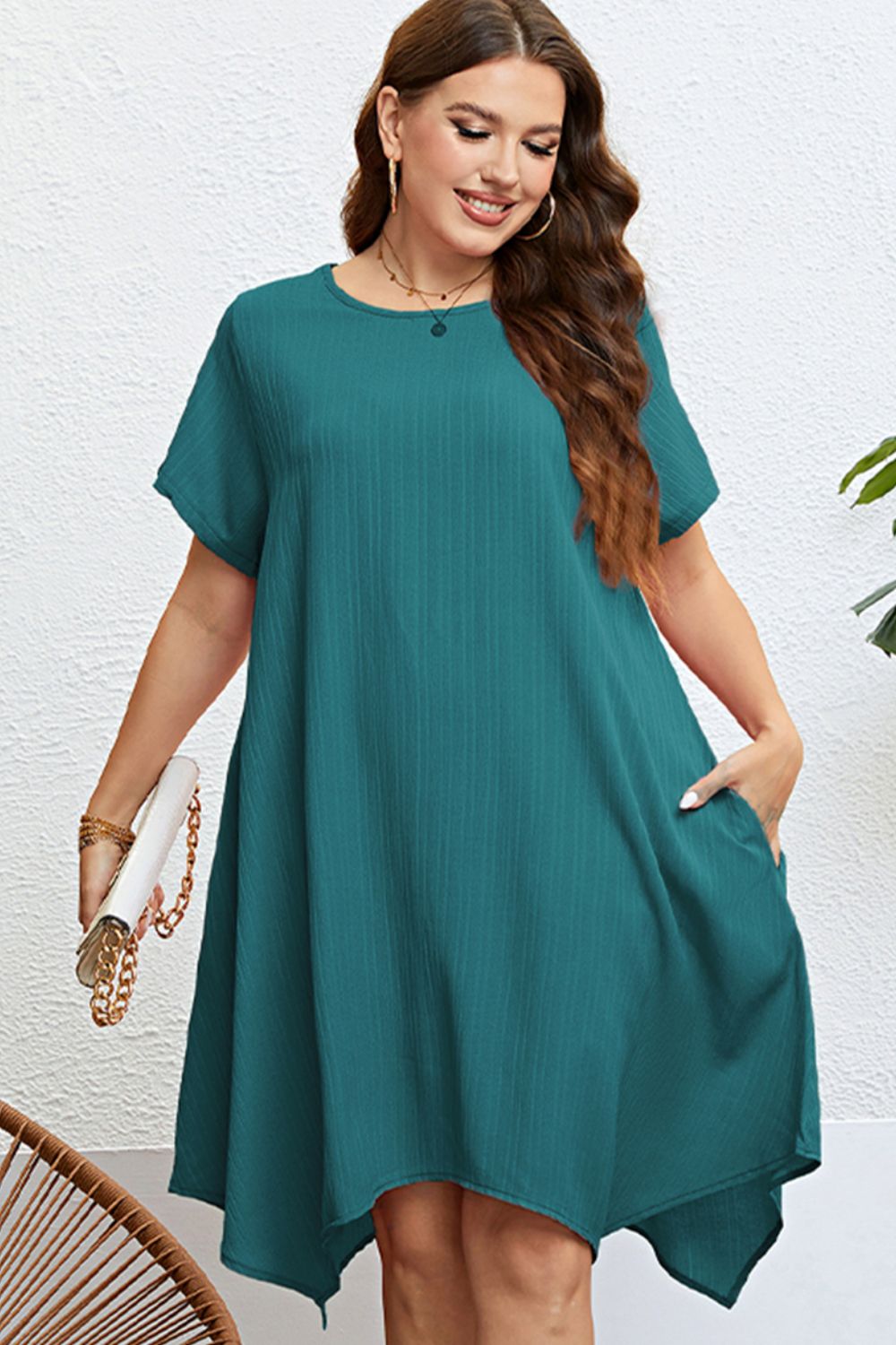 Plus Size Round Neck Handkerchief Hem Dress - nailedmoms