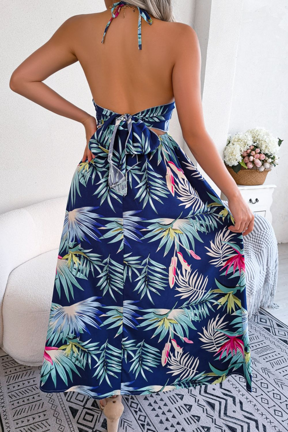 Botanical Print Tied Backless Cutout Slit Dress - nailedmoms