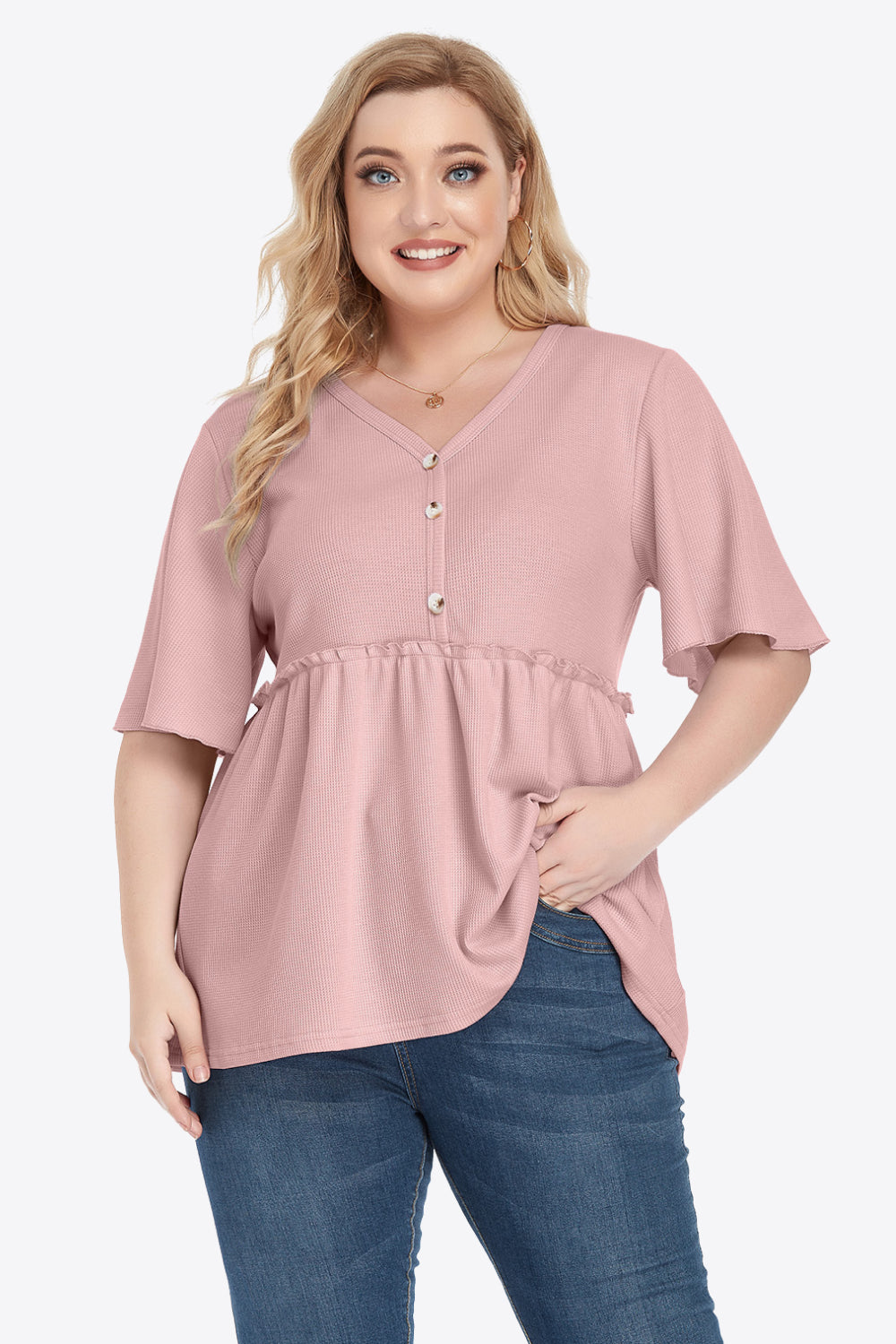 Plus Size Buttoned V-Neck Frill Trim Babydoll Blouse - nailedmoms