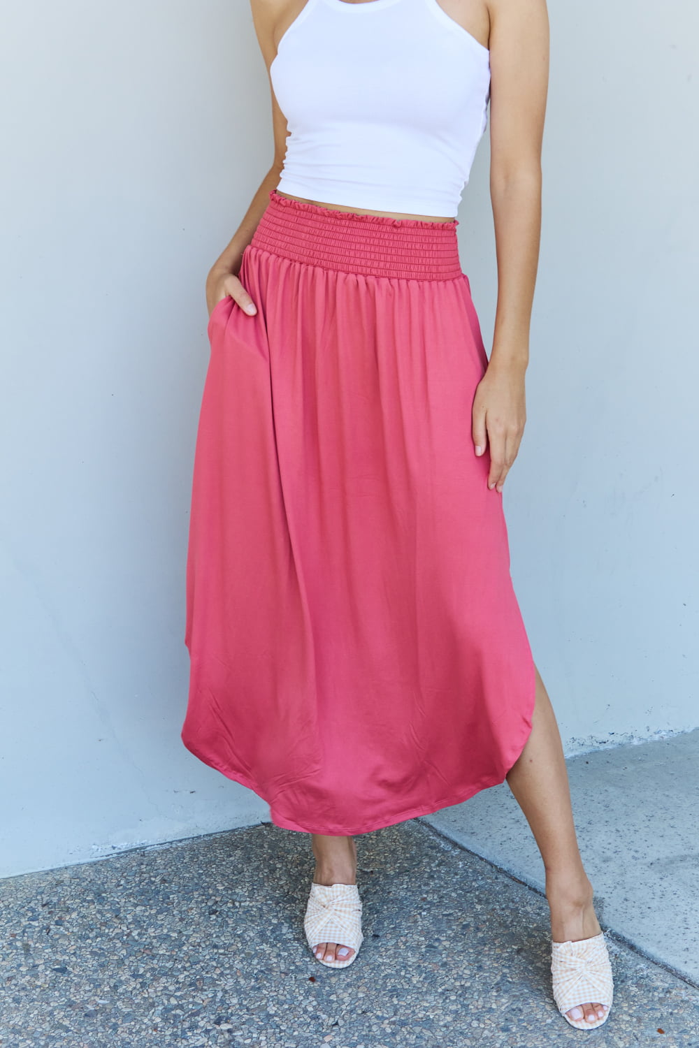 Doublju Comfort Princess Full Size High Waist Scoop Hem Maxi Skirt in Hot Pink - nailedmoms