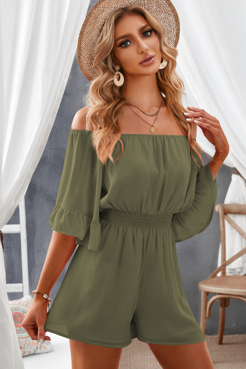 Off-Shoulder Smocked Waist Flounce Sleeve Romper - nailedmoms