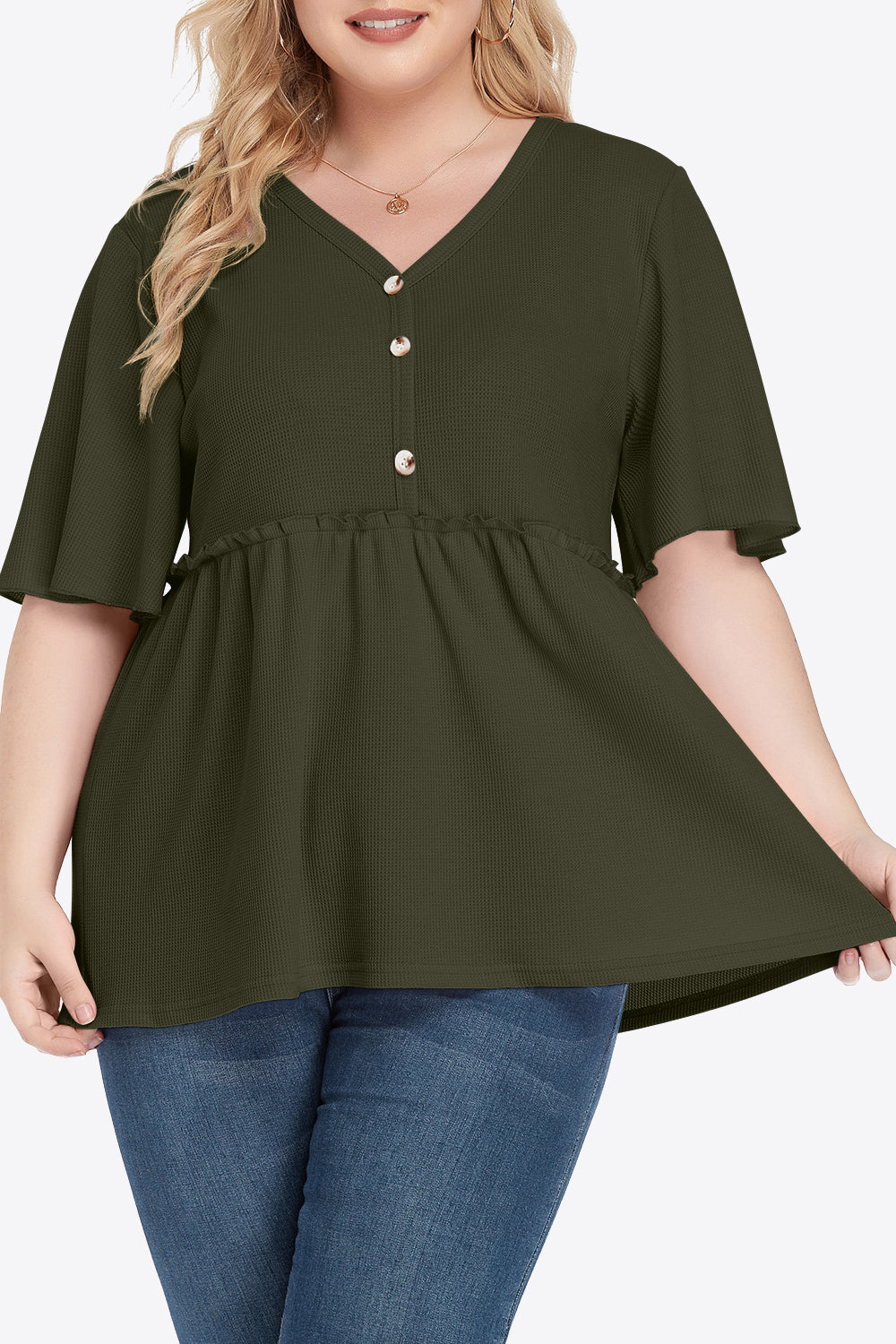Plus Size Buttoned V-Neck Frill Trim Babydoll Blouse - nailedmoms
