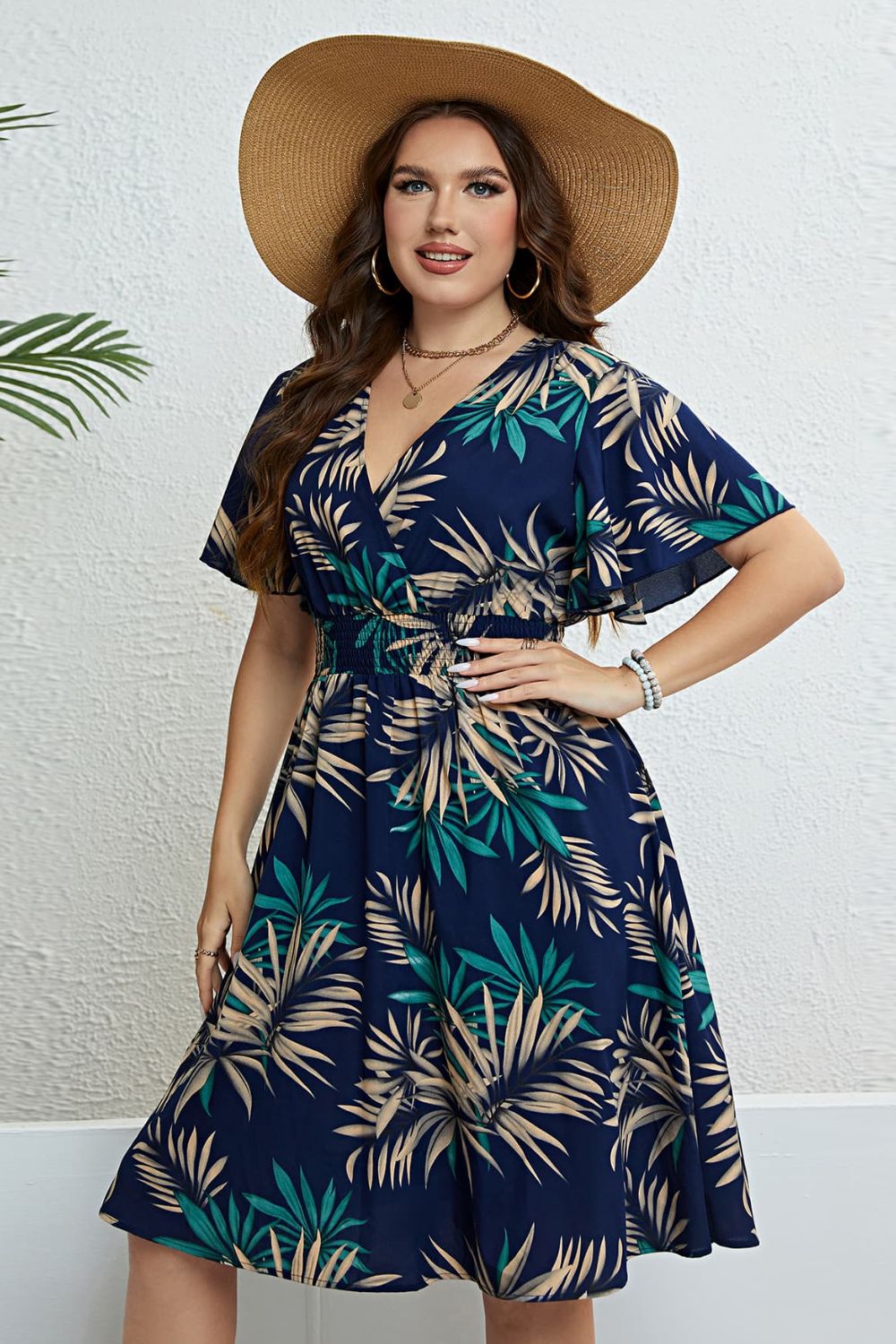 Plus Size Botanical Print Flutter Sleeve Smocked Waist Dress - nailedmoms
