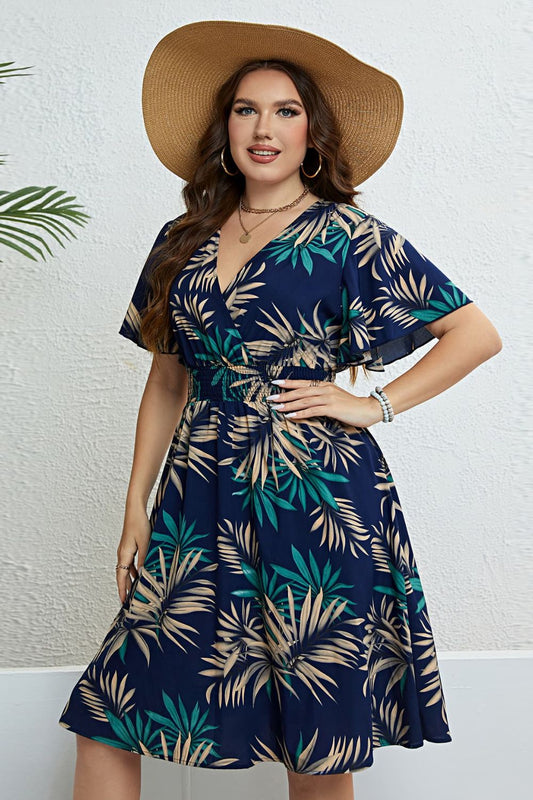 Plus Size Botanical Print Flutter Sleeve Smocked Waist Dress - nailedmoms