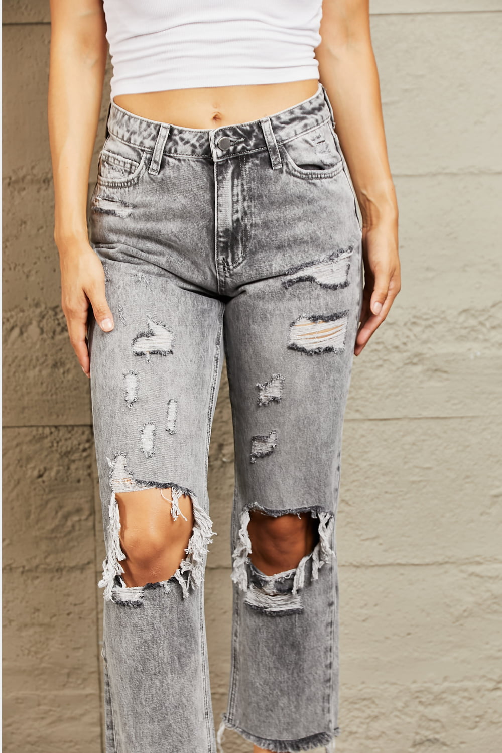 BAYEAS Acid Wash Distressed Straight Jeans - nailedmoms
