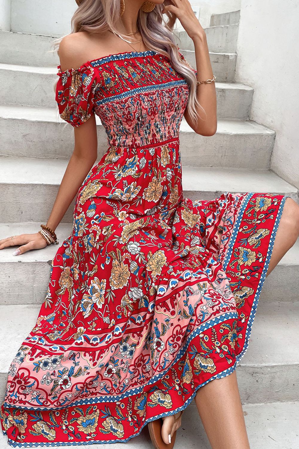 Floral Off-Shoulder Smocked Midi Dress - nailedmoms