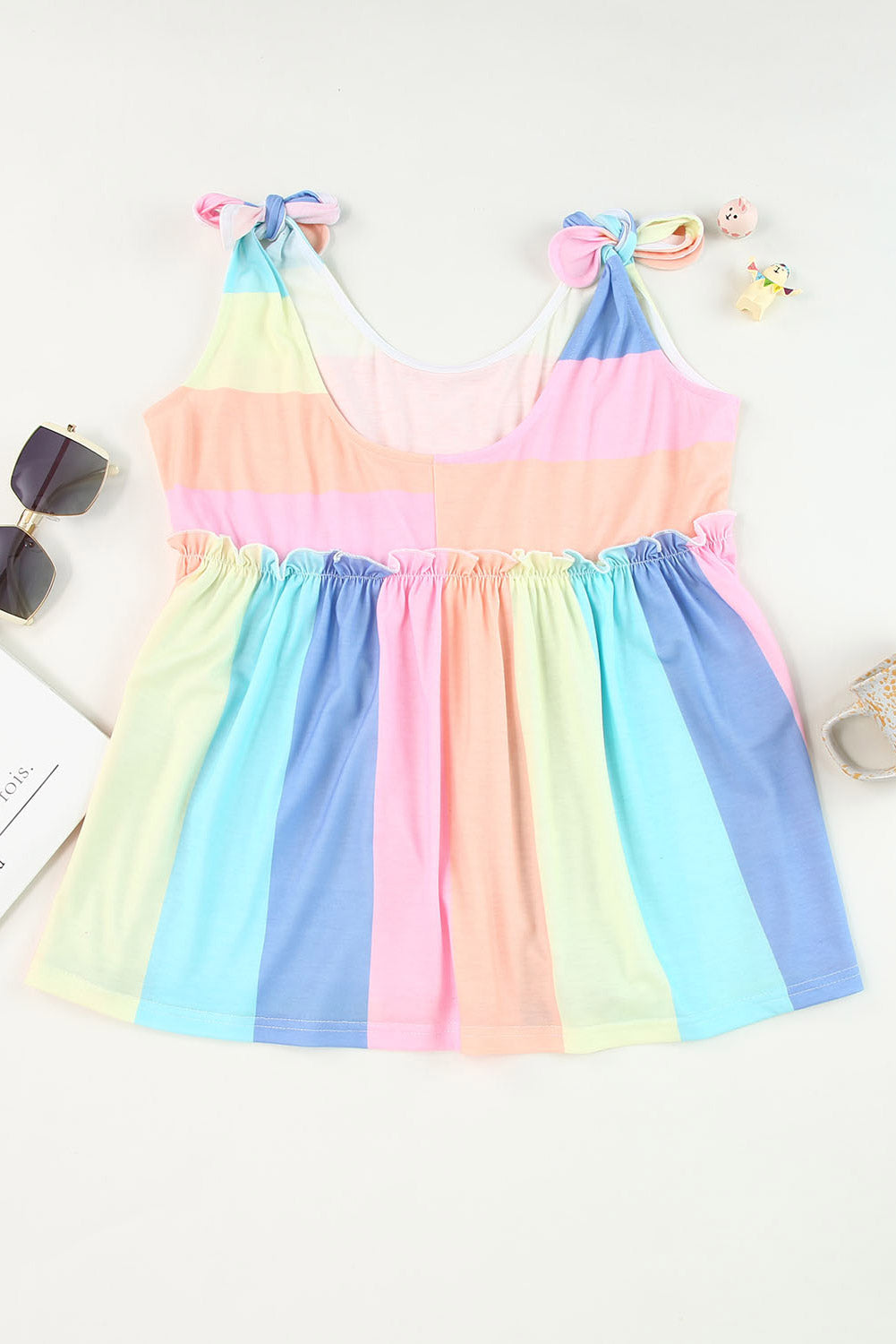 Striped Tie Shoulder Frill Trim Tank - nailedmoms