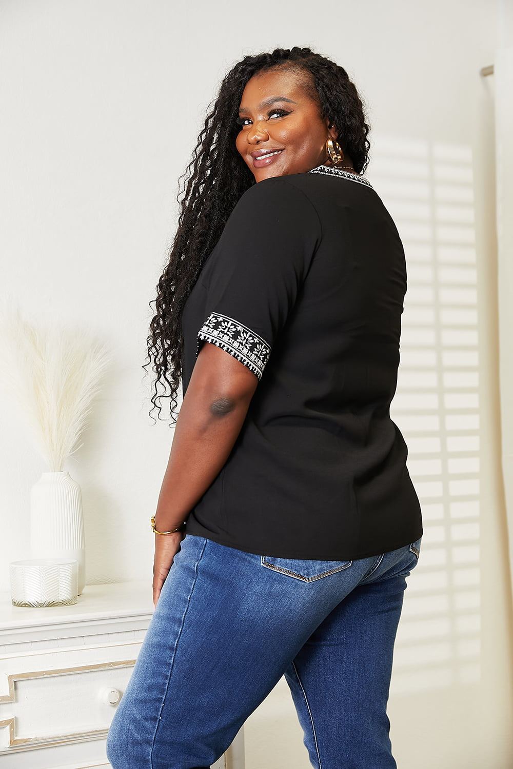 Double Take Embroidered Notched Neck Top - nailedmoms