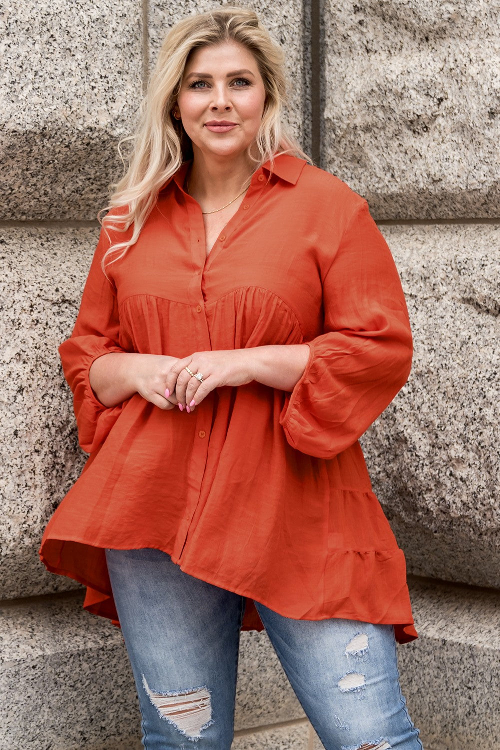 Plus Size Collared Balloon Sleeve Shirt - nailedmoms