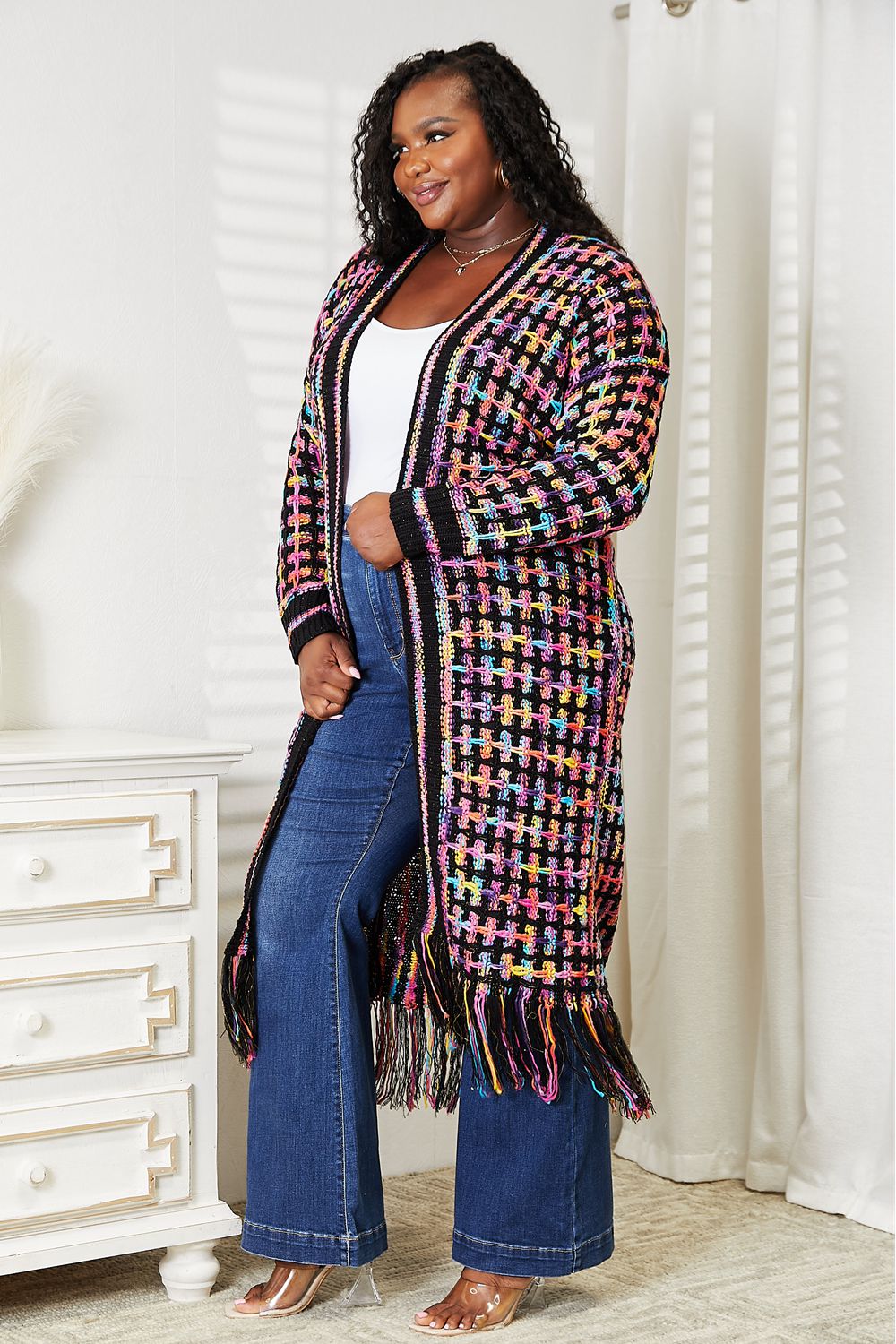Double Take Full Size Multicolored Open Front Fringe Hem Cardigan - nailedmoms