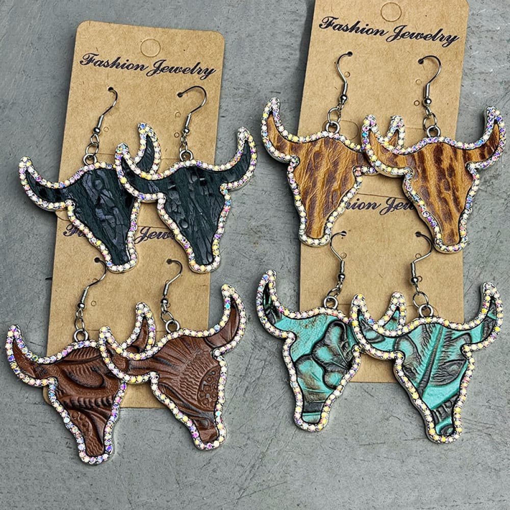 Rhinestone Trim Alloy Bull Earrings - nailedmoms