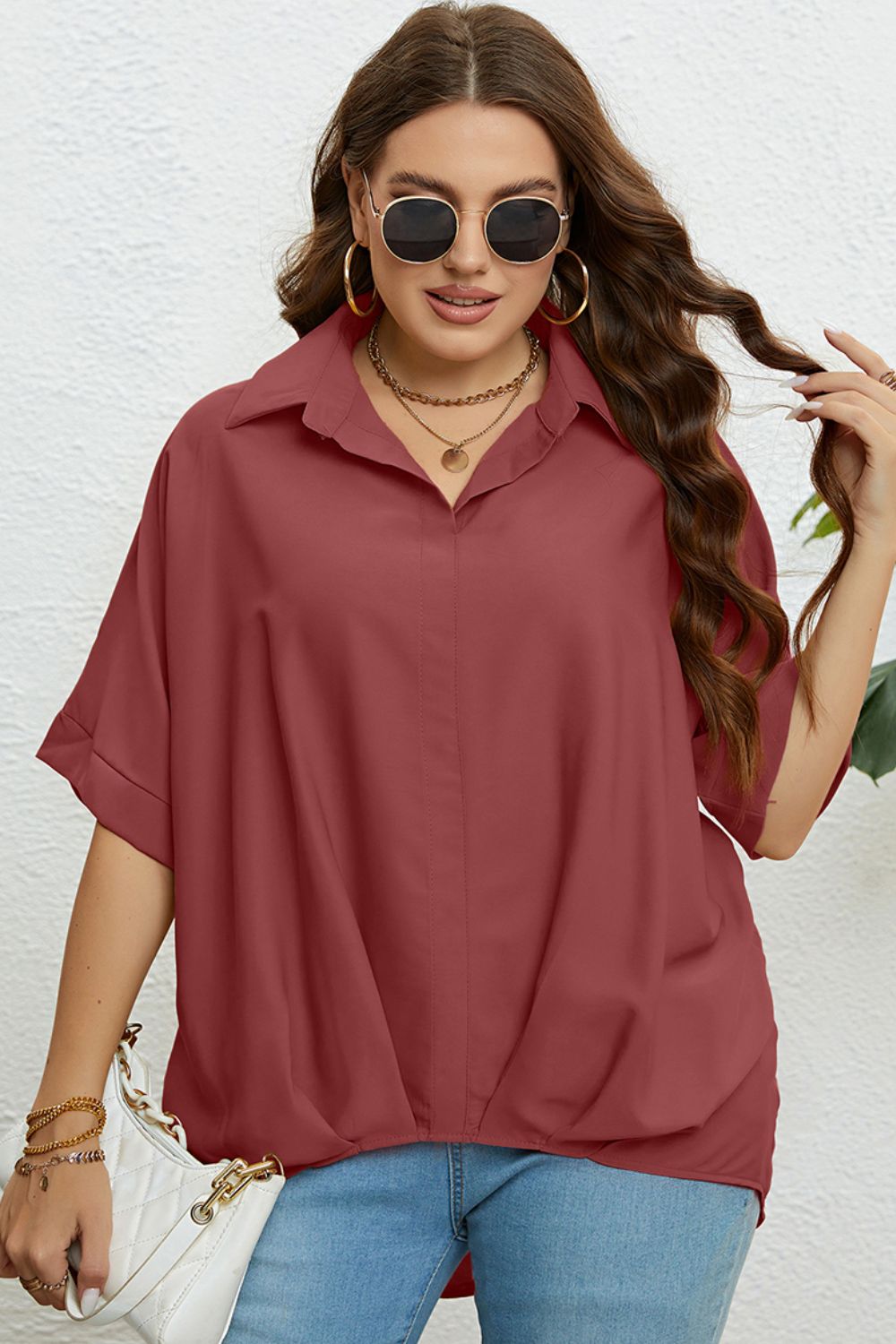 Plus Size Collared Half Sleeve Hem Detail Top - nailedmoms