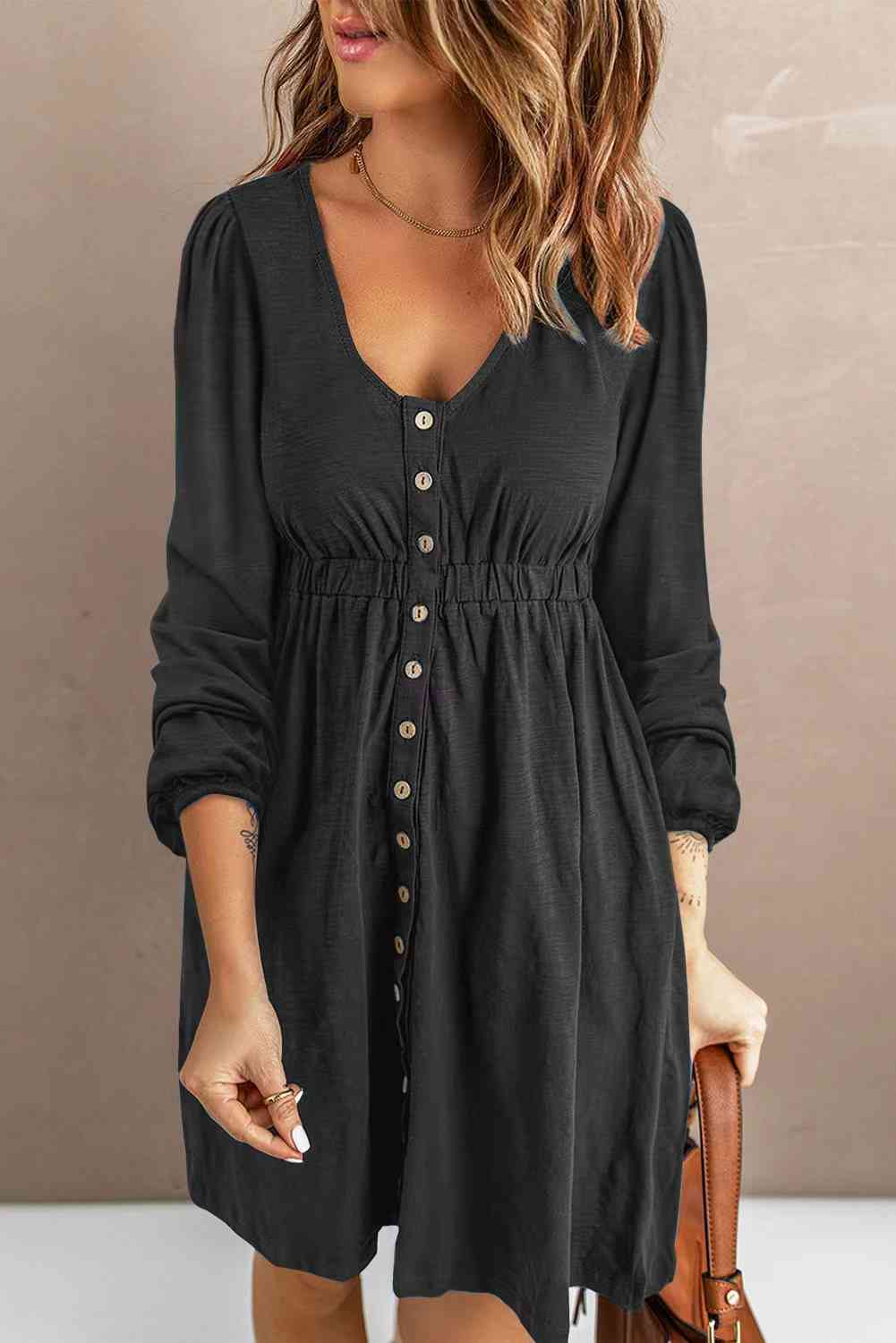 Scoop Neck Empire Waist Long Sleeve Mini Dress - nailedmoms
