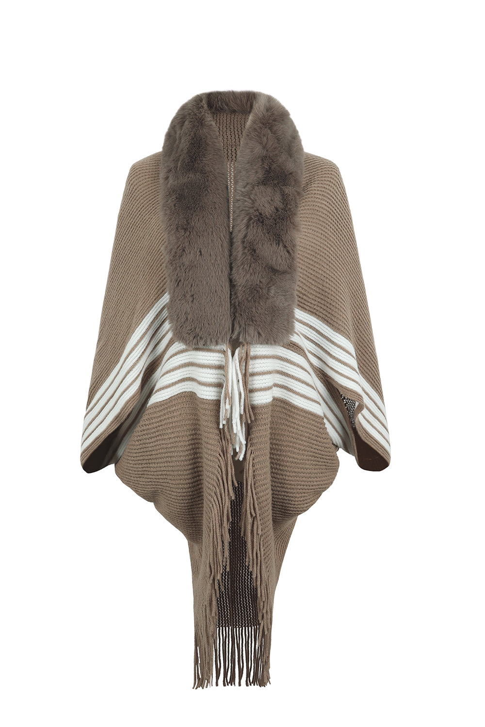 Striped Fringe Detail Long Sleeve Poncho - nailedmoms