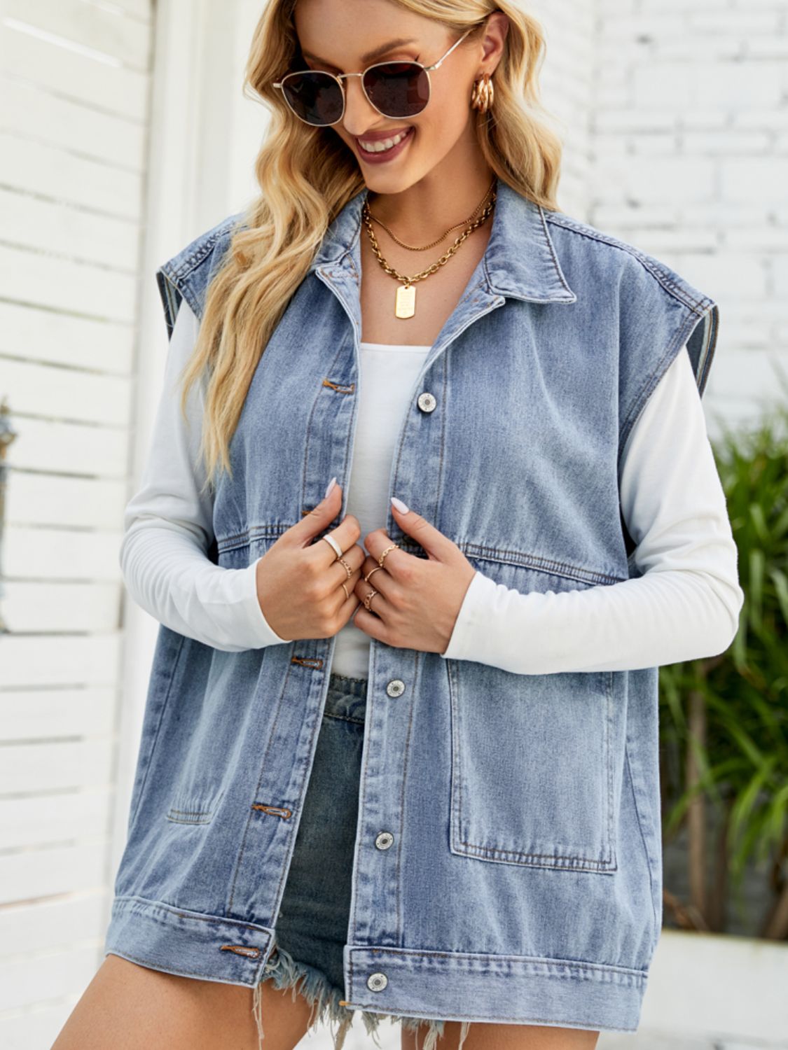 Collared Neck Sleeveless Denim Top with Pockets - nailedmoms