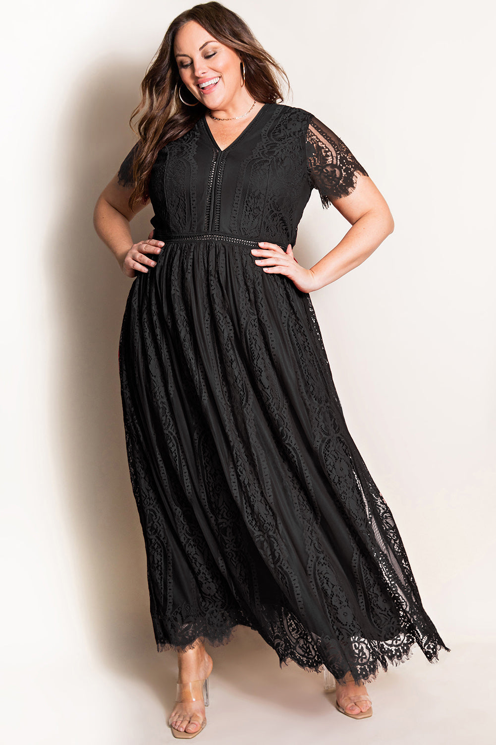 V-Neck Short Sleeve Lace Maxi Dress - nailedmoms