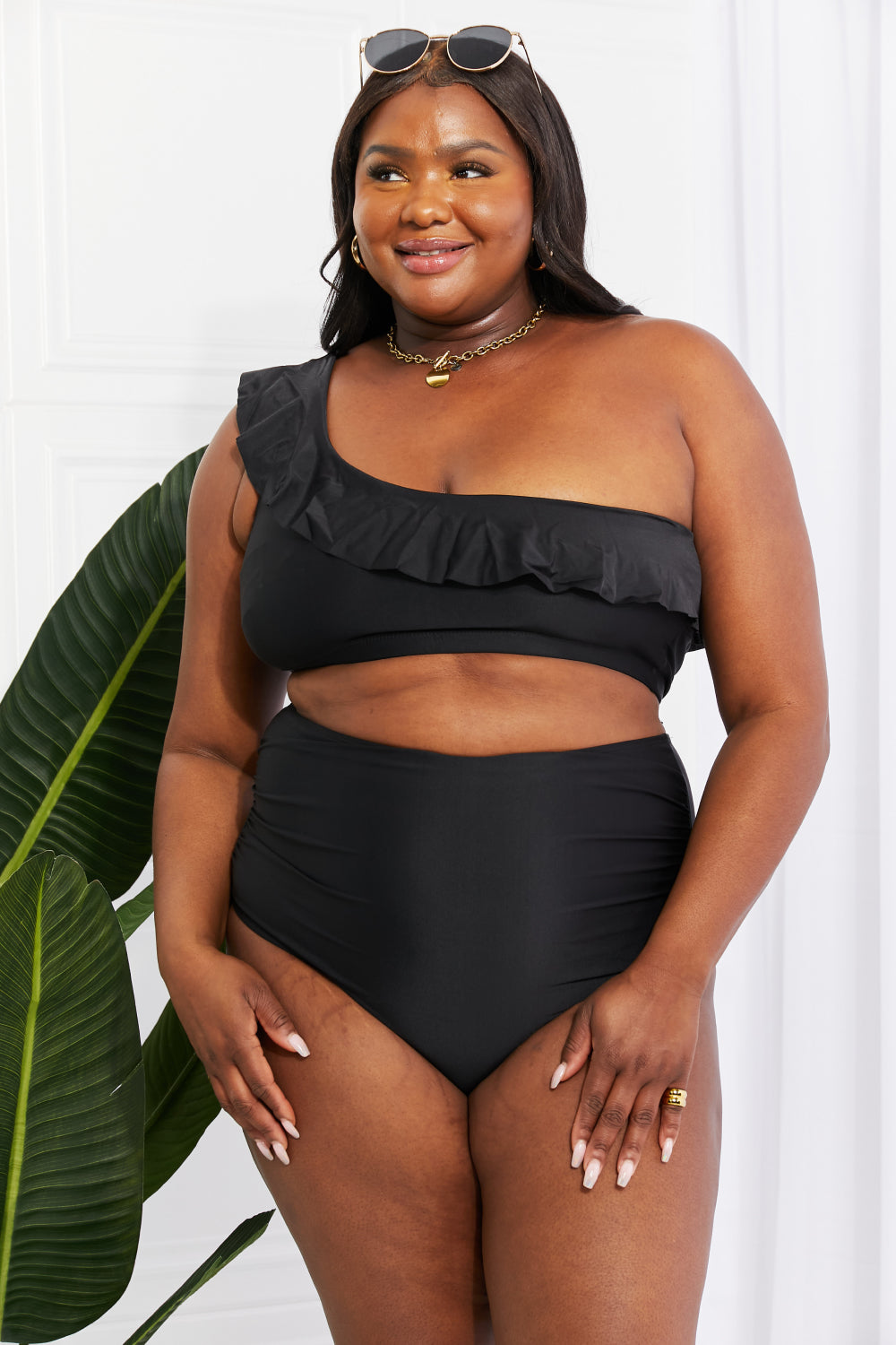 Marina West Swim Seaside Romance Ruffle One-Shoulder Bikini in Black - nailedmoms