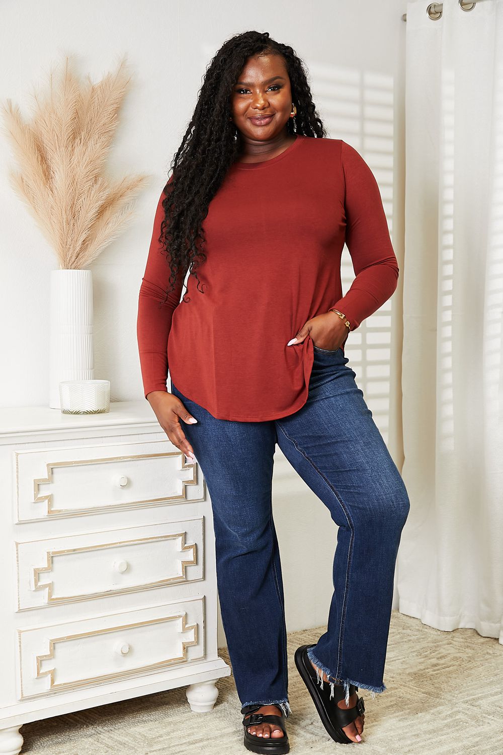 Zenana Full Size Long Sleeve Round Neck Round Hem Top - nailedmoms