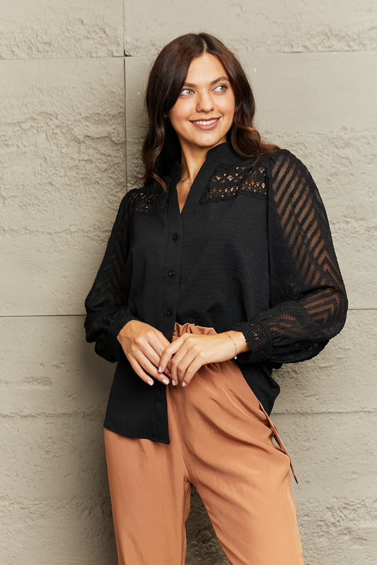 Notched Neck Openwork Long Sleeve Shirt - nailedmoms